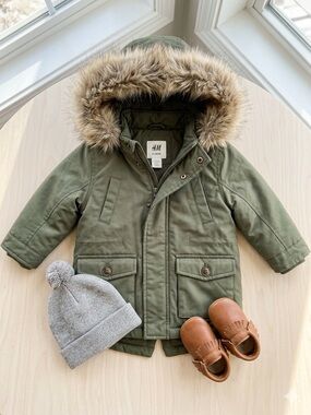 H&M Baby Winter Parka Jacket Olive Green 4-6M Heavyweight Coat EUC